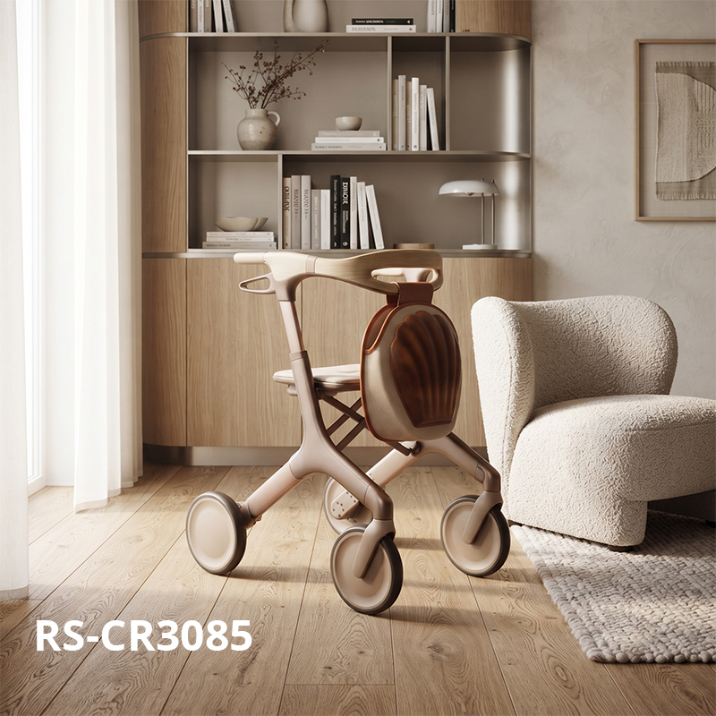CR3085    New Design Carbon Fibre Rollator Walker with Champagne Gold Frame & Wood Grain Shell Design Lightweight Folding Mobility Aid