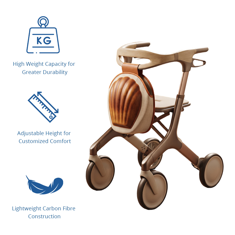 CR3085    New Design Carbon Fibre Rollator Walker with Champagne Gold Frame & Wood Grain Shell Design Lightweight Folding Mobility Aid
