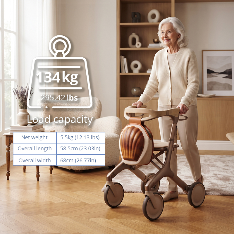CR3085    New Design Carbon Fibre Rollator Walker with Champagne Gold Frame & Wood Grain Shell Design Lightweight Folding Mobility Aid