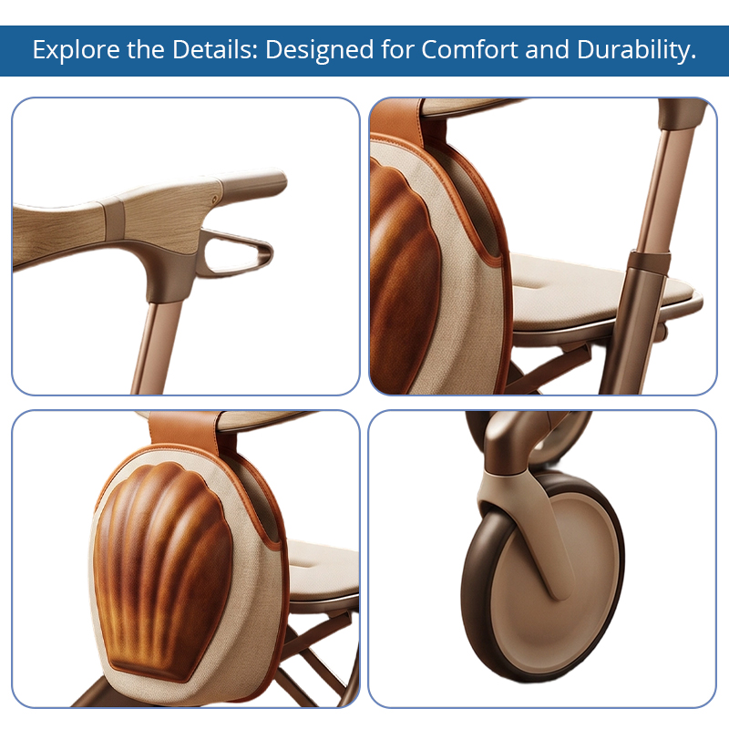 CR3085    New Design Carbon Fibre Rollator Walker with Champagne Gold Frame & Wood Grain Shell Design Lightweight Folding Mobility Aid