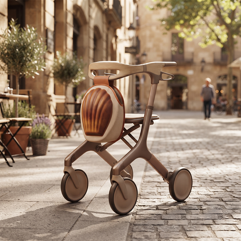 CR3085    New Design Carbon Fibre Rollator Walker with Champagne Gold Frame & Wood Grain Shell Design Lightweight Folding Mobility Aid