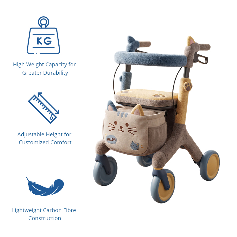 CR3086   New Design  Carbon Fibre Rollator Walker with Cat Design, Blue Grey Plush Cover & Cute Pattern Folding Mobility Aid for Elderly