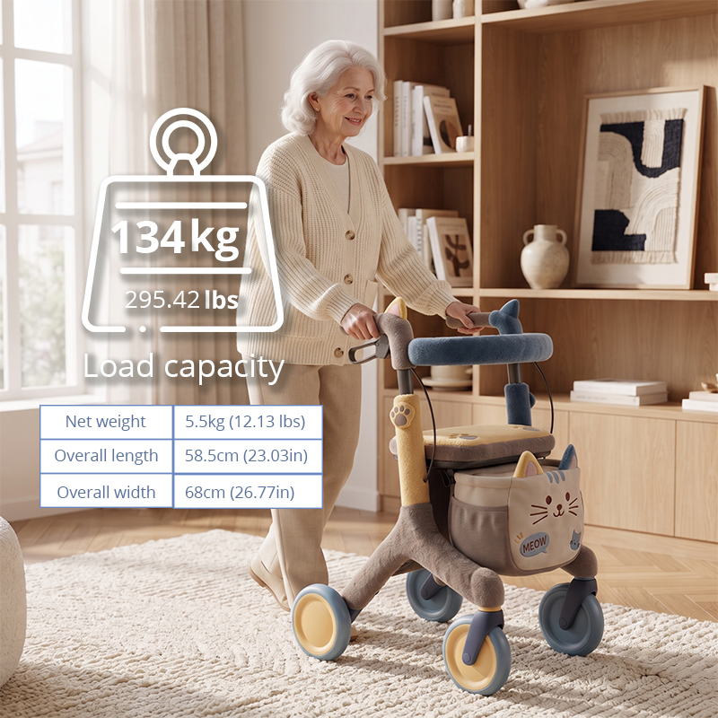 CR3086   New Design  Carbon Fibre Rollator Walker with Cat Design, Blue Grey Plush Cover & Cute Pattern Folding Mobility Aid for Elderly