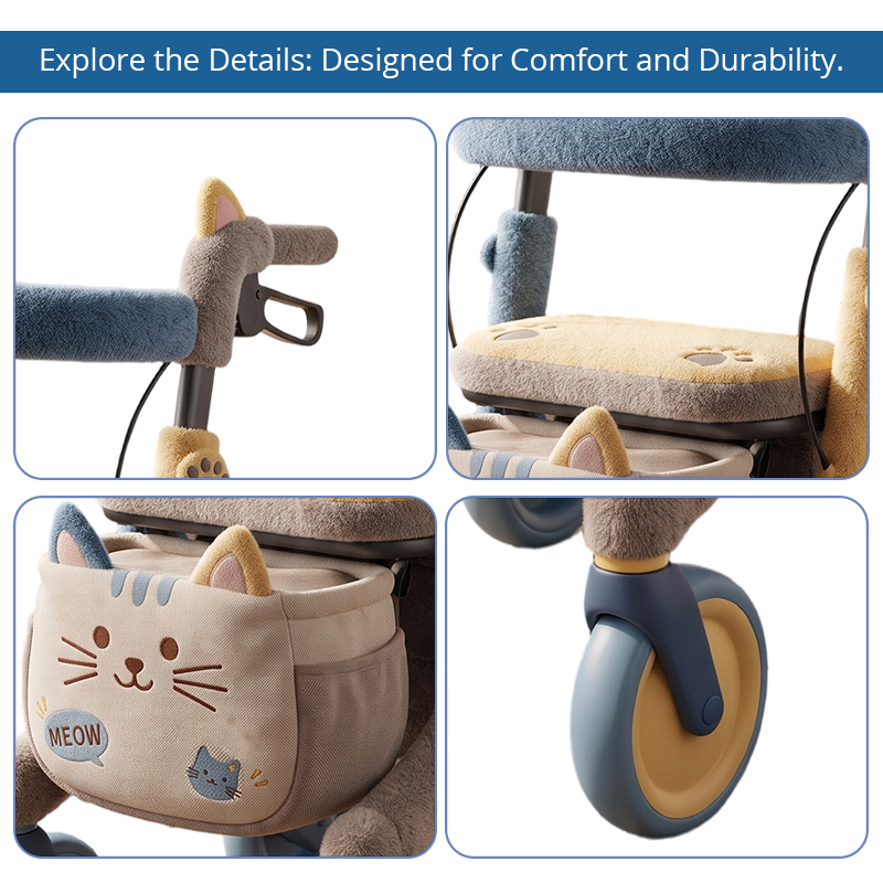 CR3086   New Design  Carbon Fibre Rollator Walker with Cat Design, Blue Grey Plush Cover & Cute Pattern Folding Mobility Aid for Elderly