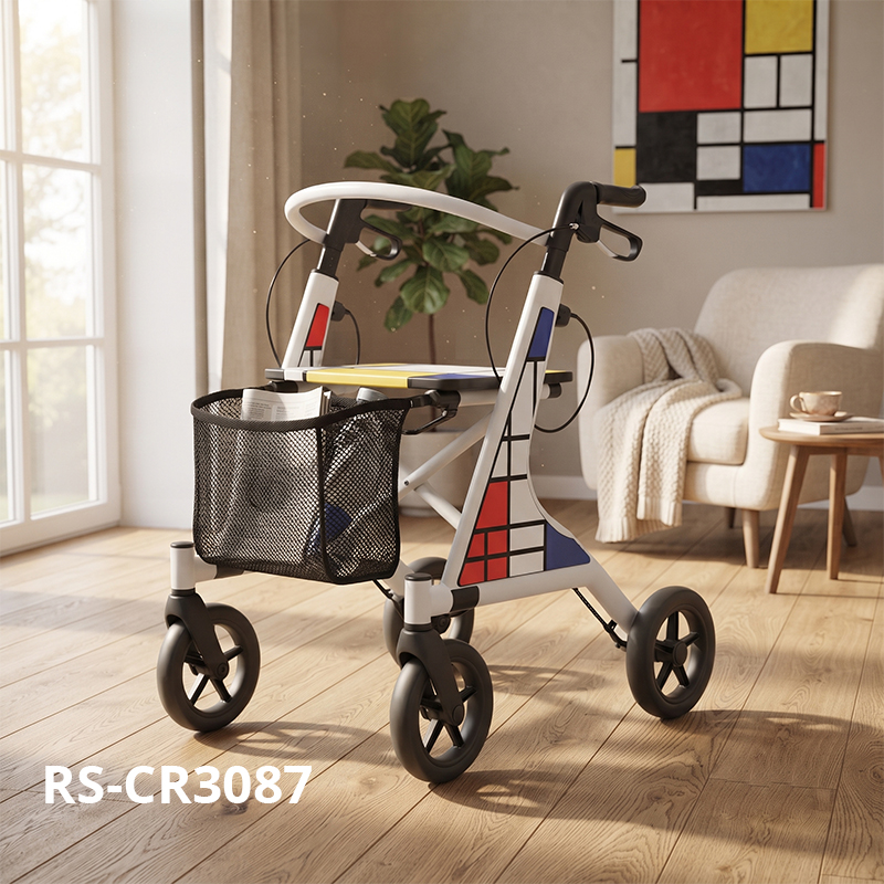 CR3087   New Design Carbon Fibre Rollator Walker for Elderly Lightweight Mobility Aid with White Frame Red Blue Graphic OEM ODM