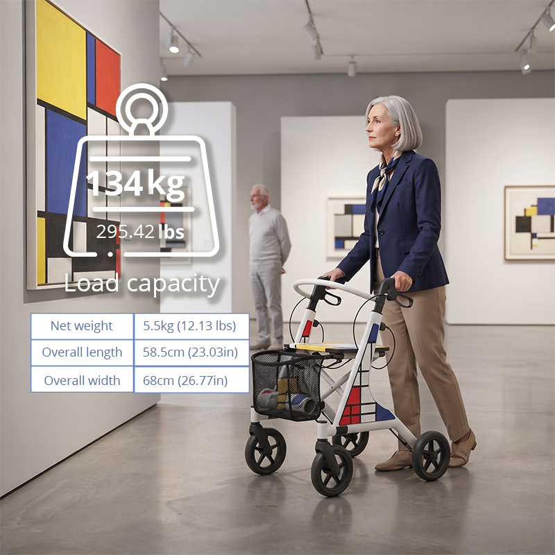 CR3087   New Design Carbon Fibre Rollator Walker for Elderly Lightweight Mobility Aid with White Frame Red Blue Graphic OEM ODM