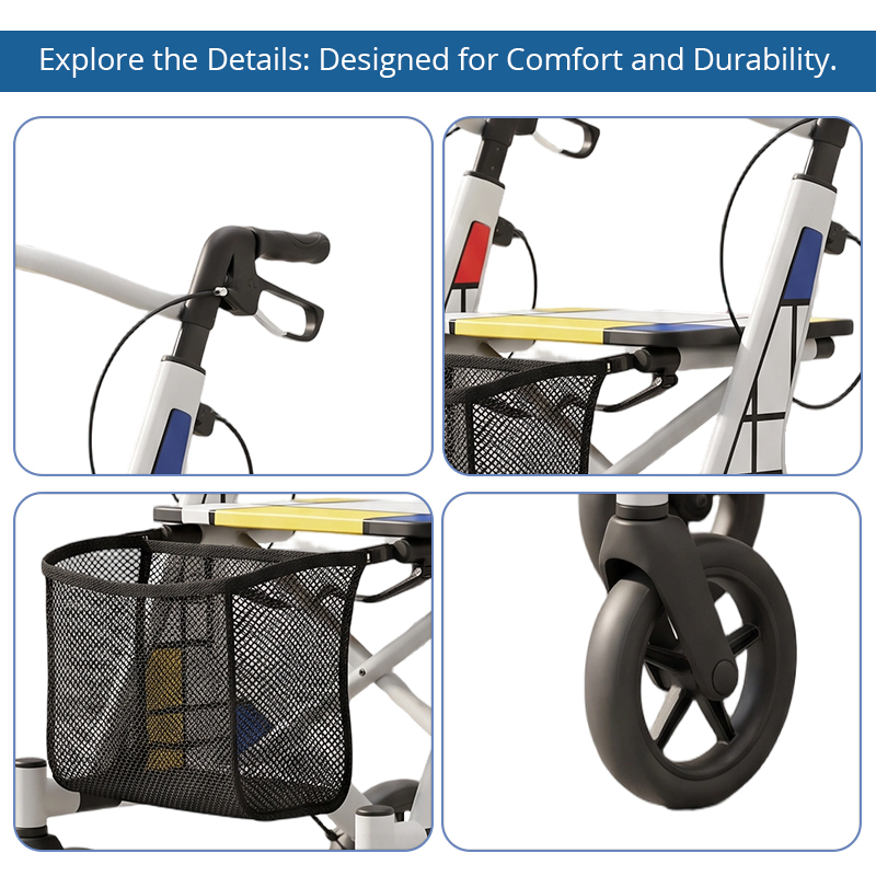 CR3087   New Design Carbon Fibre Rollator Walker for Elderly Lightweight Mobility Aid with White Frame Red Blue Graphic OEM ODM