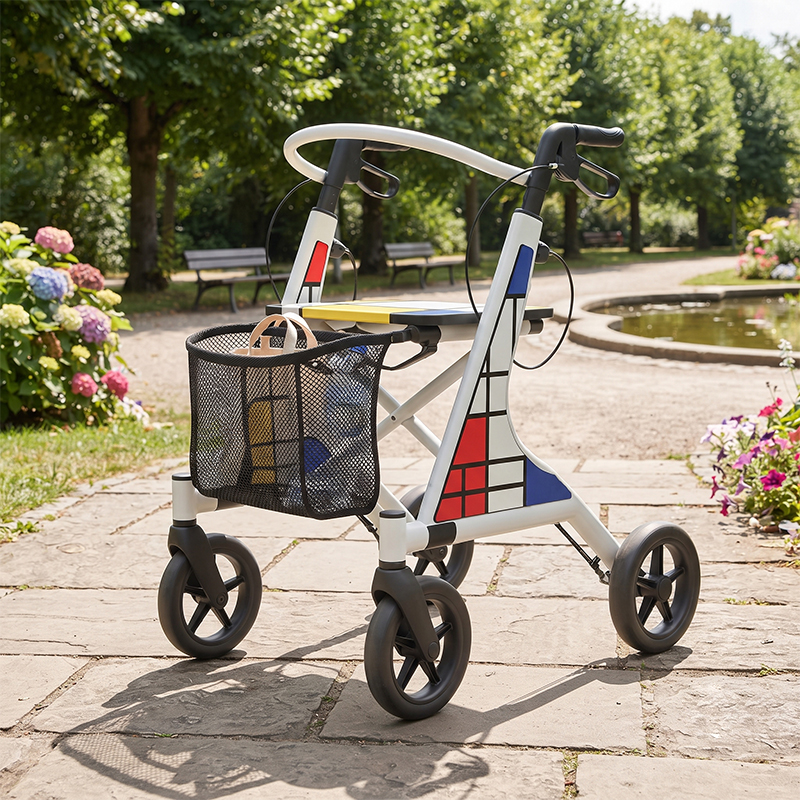 CR3087   New Design Carbon Fibre Rollator Walker for Elderly Lightweight Mobility Aid with White Frame Red Blue Graphic OEM ODM
