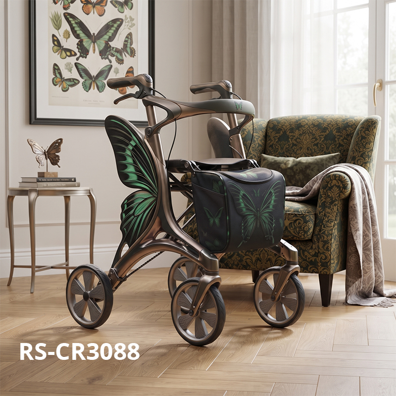 CR3088    New Design Carbon Fibre Rollator Walker for Seniors | Aerospace Inspired Frame with Green Butterfly Pattern OEM Manufacturer