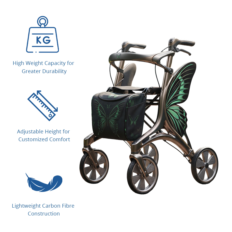 CR3088    New Design Carbon Fibre Rollator Walker for Seniors | Aerospace Inspired Frame with Green Butterfly Pattern OEM Manufacturer
