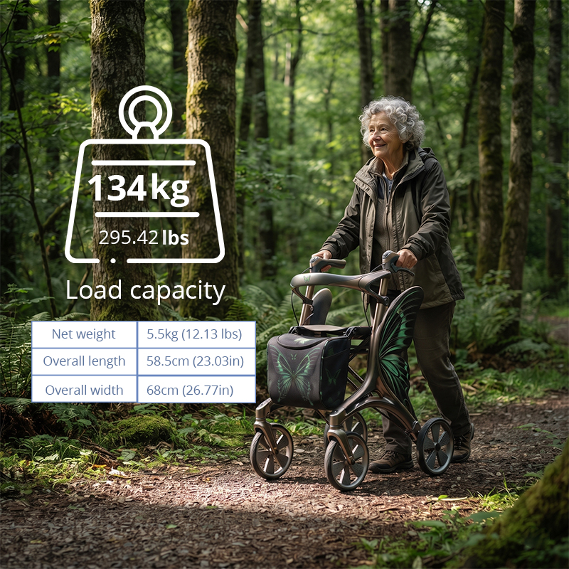 CR3088    New Design Carbon Fibre Rollator Walker for Seniors | Aerospace Inspired Frame with Green Butterfly Pattern OEM Manufacturer
