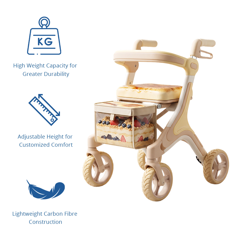 CR3089   New Design  Carbon Fibre Rollator Walker with Champagne Gold Details, Dessert Pattern Bag & Lightweight Design for Seniors