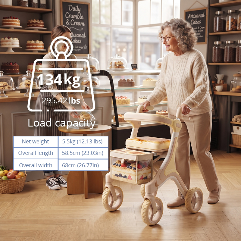 CR3089   New Design  Carbon Fibre Rollator Walker with Champagne Gold Details, Dessert Pattern Bag & Lightweight Design for Seniors