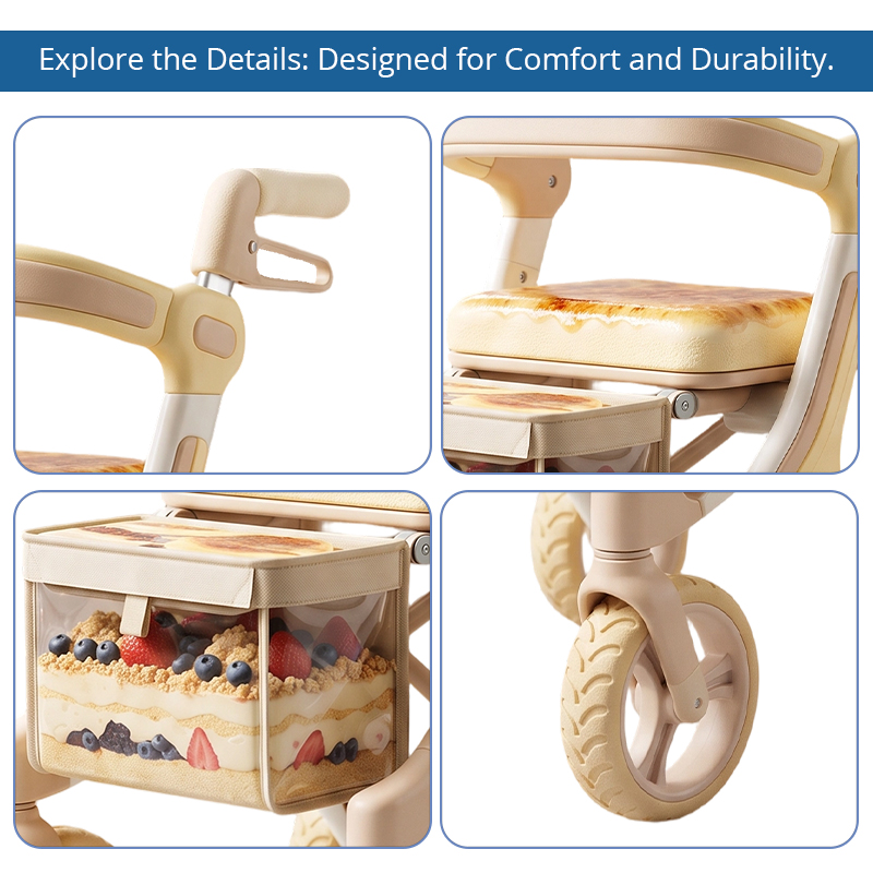 CR3089   New Design  Carbon Fibre Rollator Walker with Champagne Gold Details, Dessert Pattern Bag & Lightweight Design for Seniors