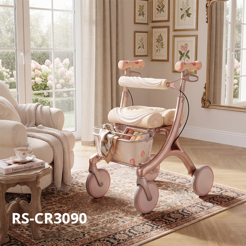 CR3090     New Design Carbon Fibre Rollator Walker for Elderly Lightweight Folding Mobility Aid with Luxury Rose Gold Design OEM Supplier