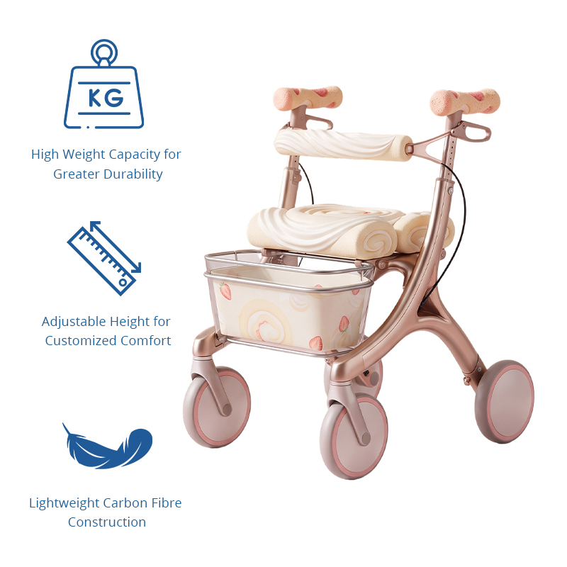 CR3090     New Design Carbon Fibre Rollator Walker for Elderly Lightweight Folding Mobility Aid with Luxury Rose Gold Design OEM Supplier