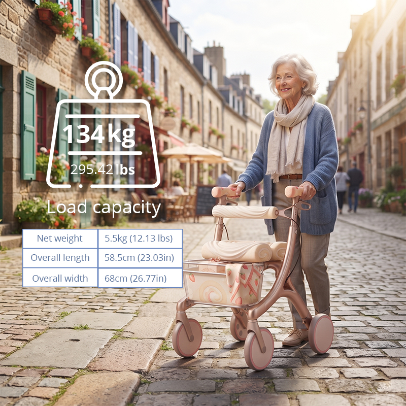 CR3090     New Design Carbon Fibre Rollator Walker for Elderly Lightweight Folding Mobility Aid with Luxury Rose Gold Design OEM Supplier