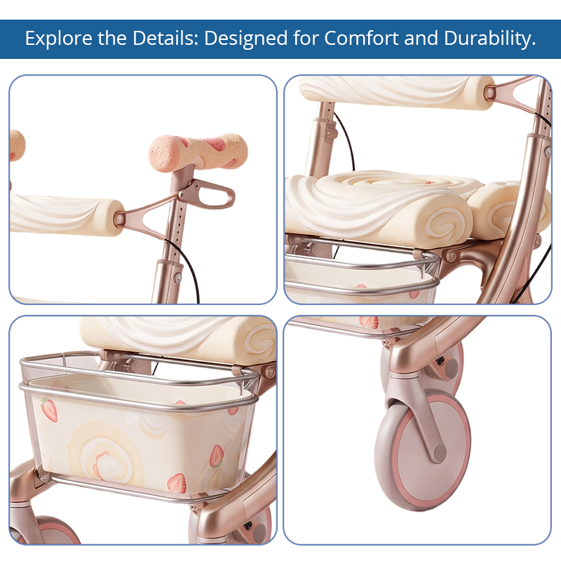 CR3090     New Design Carbon Fibre Rollator Walker for Elderly Lightweight Folding Mobility Aid with Luxury Rose Gold Design OEM Supplier