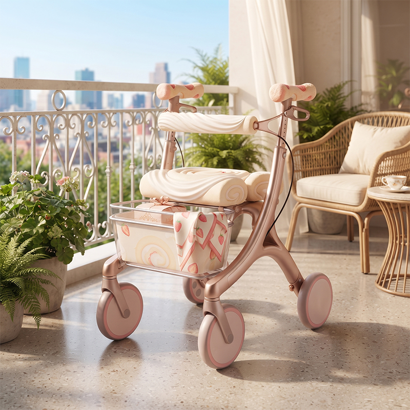 CR3090     New Design Carbon Fibre Rollator Walker for Elderly Lightweight Folding Mobility Aid with Luxury Rose Gold Design OEM Supplier