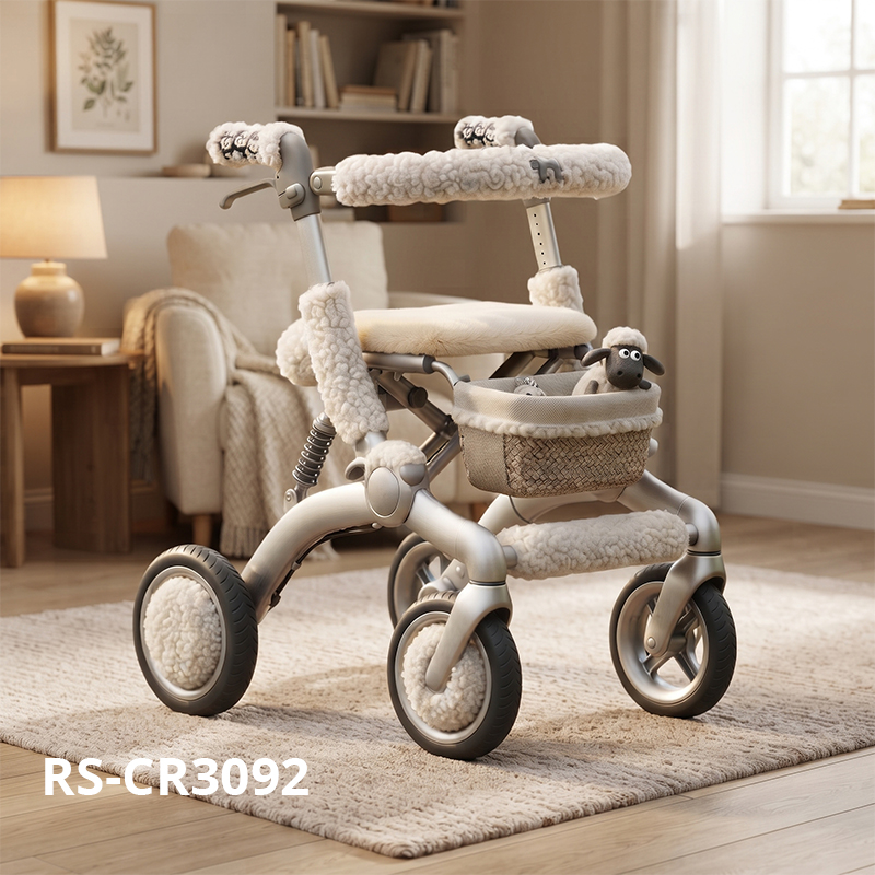 CR3092  New Design Carbon Fiber Rollator Walker for Elderly | Luxury Pearl White Shearling Style Mobility Aid OEM Manufacturer