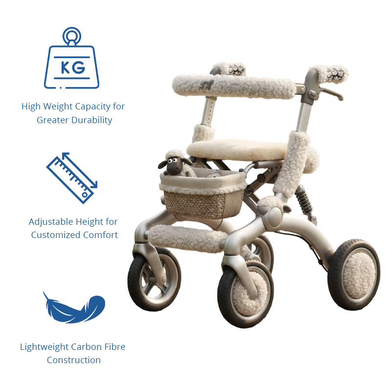 CR3092  New Design Carbon Fiber Rollator Walker for Elderly | Luxury Pearl White Shearling Style Mobility Aid OEM Manufacturer