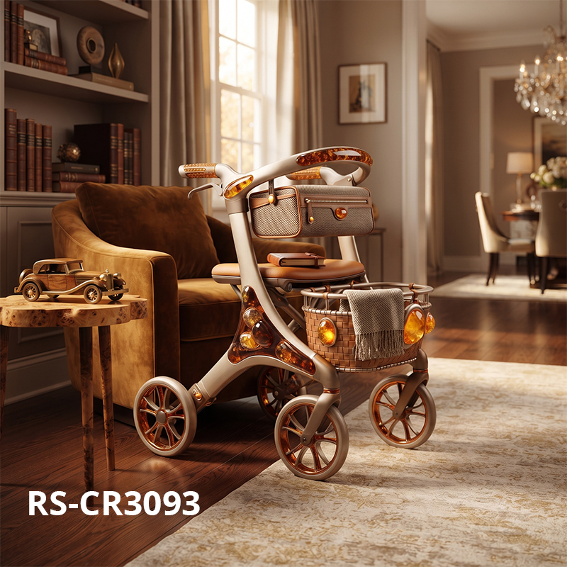 CR3093   Carbon Fibre Rollator Walker with Champagne Gold Design and Amber Crystal Pattern for Premium Elderly Mobility Solutions OEM ODM