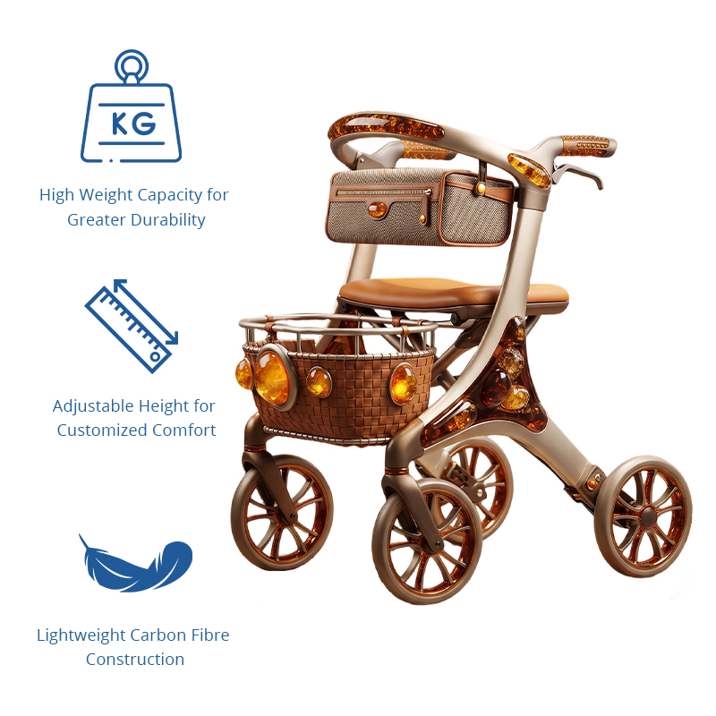 CR3093   Carbon Fibre Rollator Walker with Champagne Gold Design and Amber Crystal Pattern for Premium Elderly Mobility Solutions OEM ODM