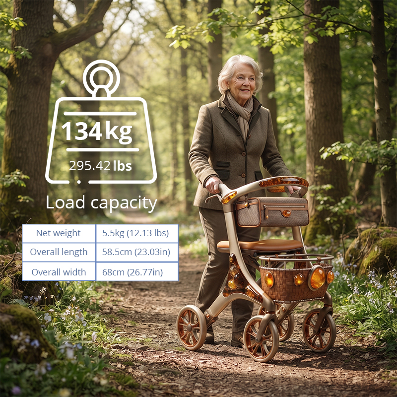 CR3093   Carbon Fibre Rollator Walker with Champagne Gold Design and Amber Crystal Pattern for Premium Elderly Mobility Solutions OEM ODM