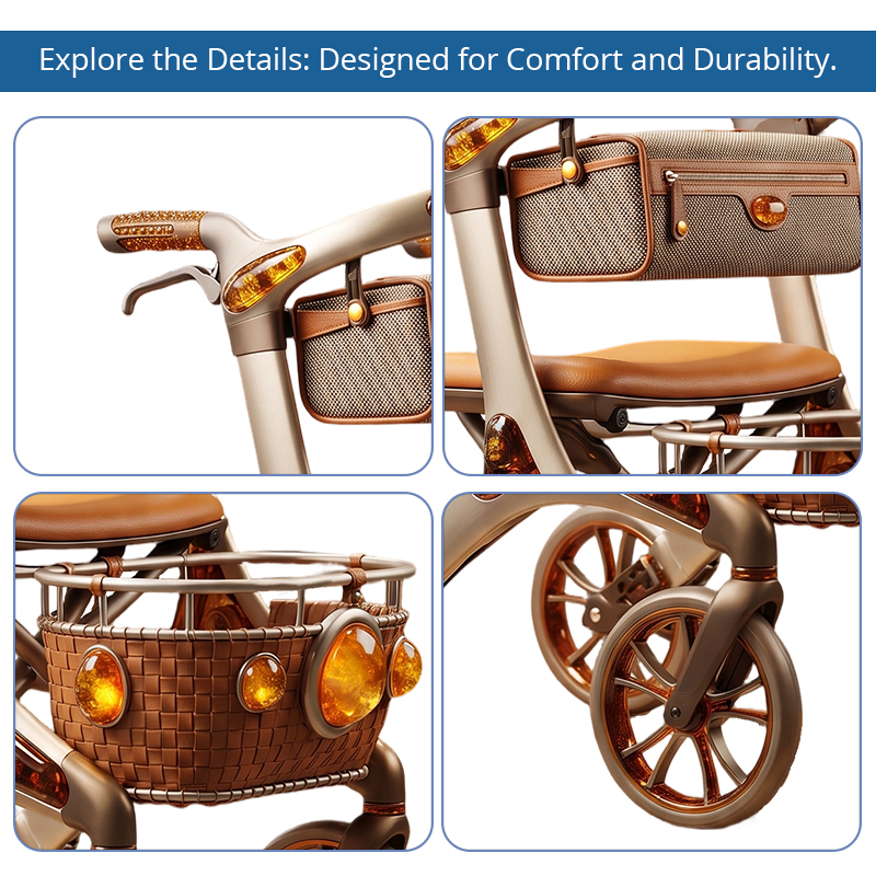 CR3093   Carbon Fibre Rollator Walker with Champagne Gold Design and Amber Crystal Pattern for Premium Elderly Mobility Solutions OEM ODM