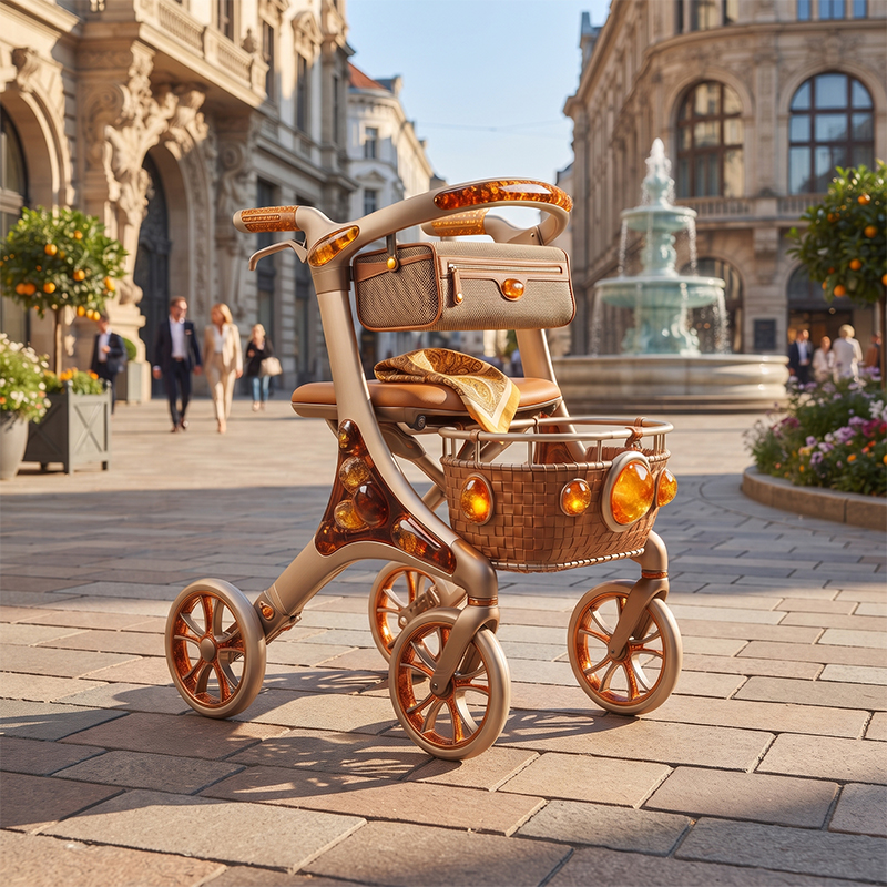 CR3093   Carbon Fibre Rollator Walker with Champagne Gold Design and Amber Crystal Pattern for Premium Elderly Mobility Solutions OEM ODM