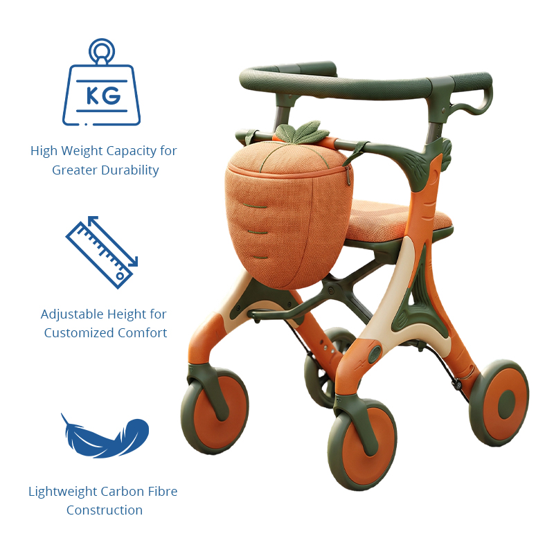 CR3095   New Design Carbon Fibre Rollator Walker with Pumpkin Storage Bag | Orange Green Lightweight Mobility Aid for Elderly OEM ODM