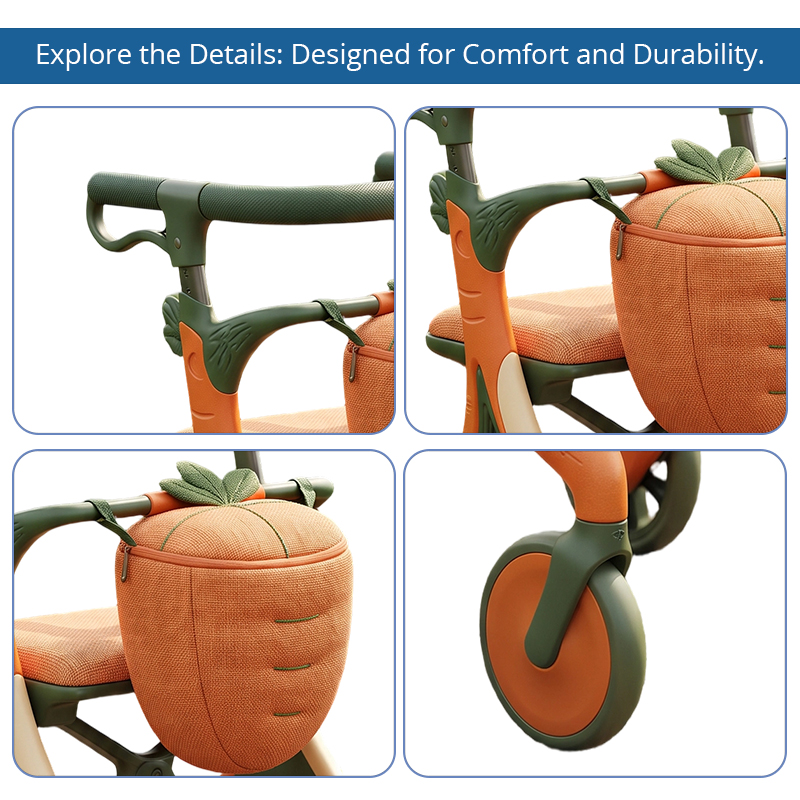 CR3095   New Design Carbon Fibre Rollator Walker with Pumpkin Storage Bag | Orange Green Lightweight Mobility Aid for Elderly OEM ODM