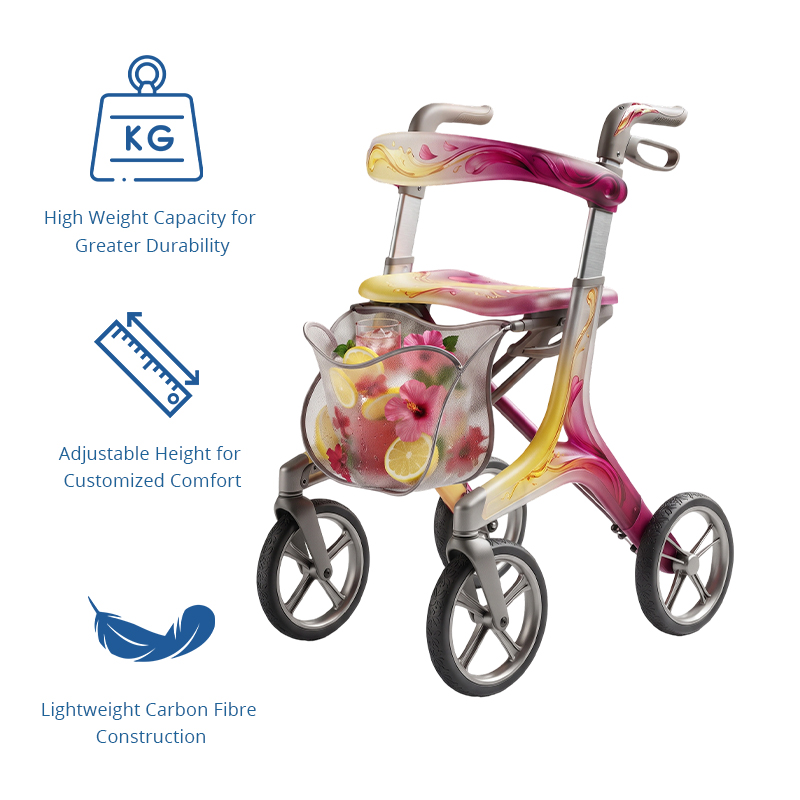 CR3096    New Design Carbon Fiber Rollator Walker for Seniors with Innovative Floral Pattern Design and Advanced Mobility Support