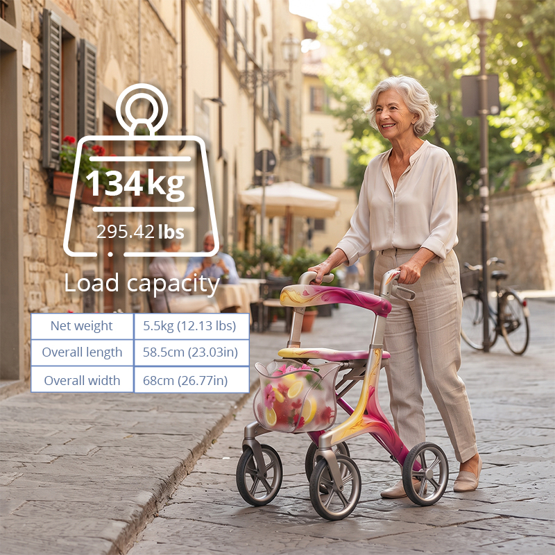 CR3096    New Design Carbon Fiber Rollator Walker for Seniors with Innovative Floral Pattern Design and Advanced Mobility Support