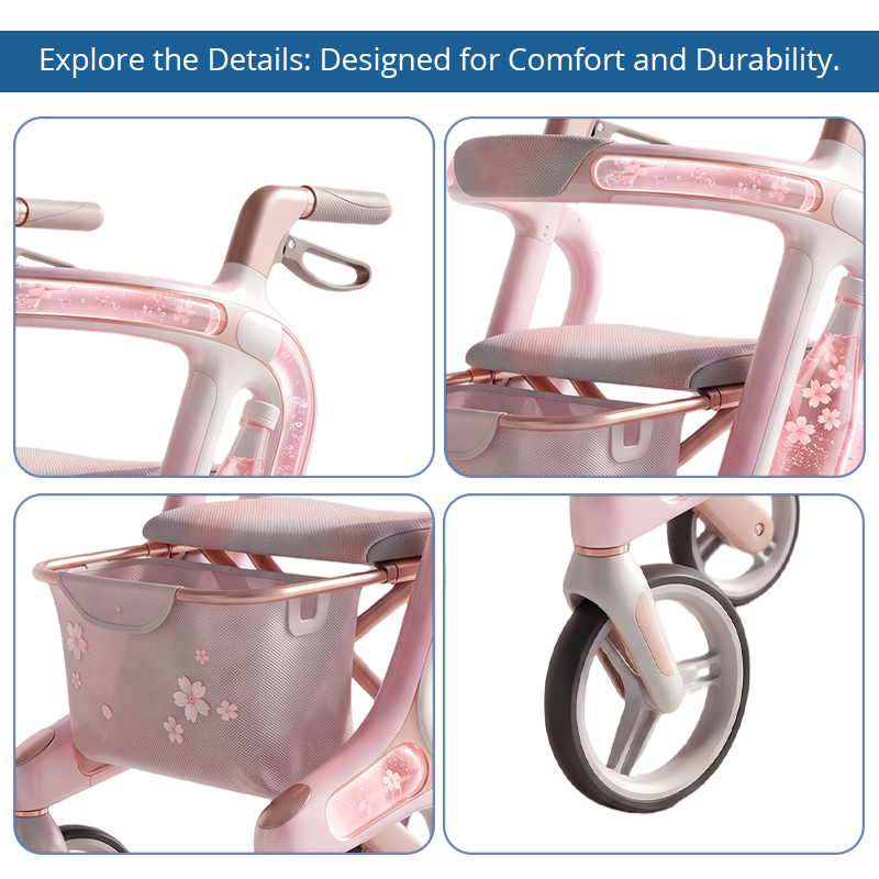 CR3097     New Design Carbon Fiber Rollator Walker for Seniors with Innovative Floral Pattern Design and Advanced Mobility Support