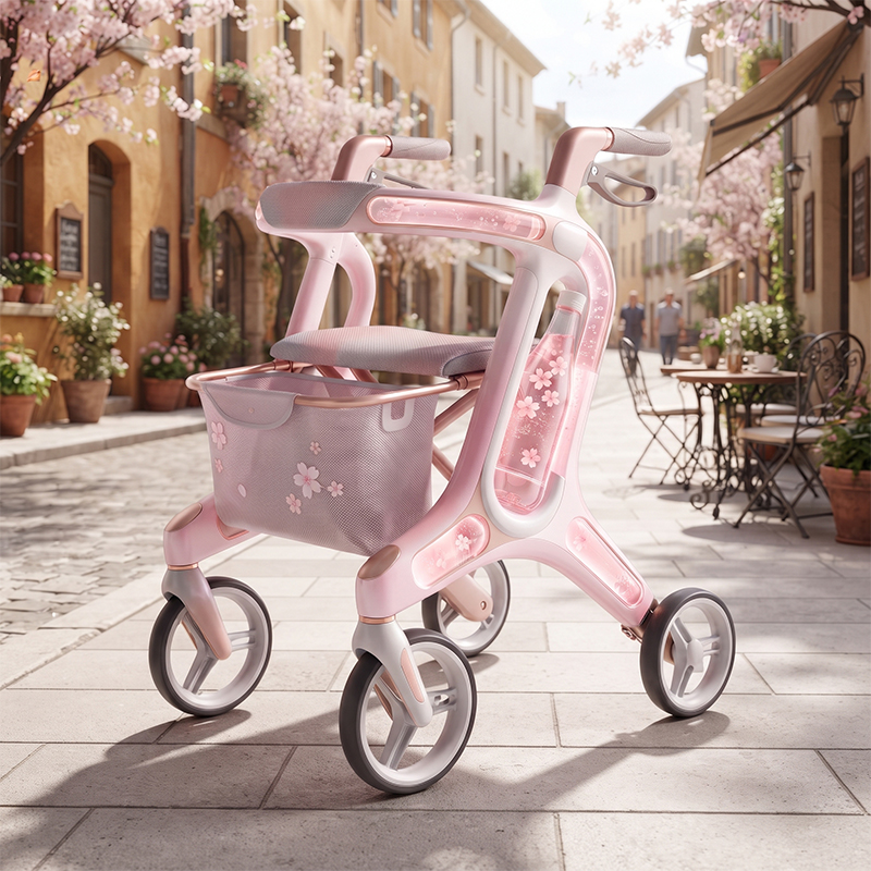 CR3097     New Design Carbon Fiber Rollator Walker for Seniors with Innovative Floral Pattern Design and Advanced Mobility Support