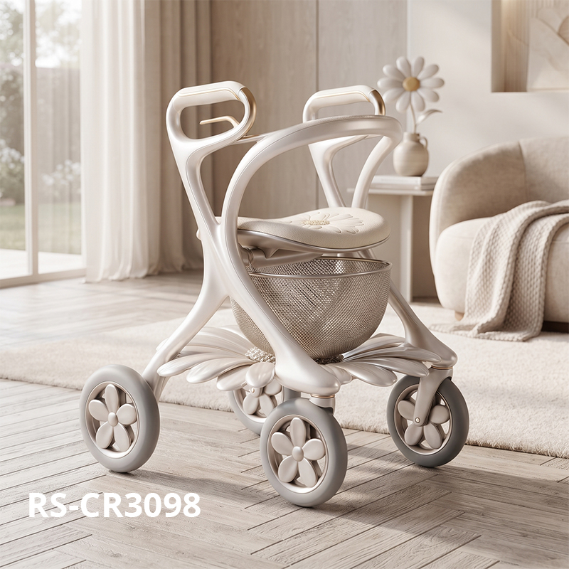 CR3098   New Design Carbon Fiber Rollator Walker for Seniors Ivory White Futuristic Frame With Floral Wheel and Premium Mobility Solution
