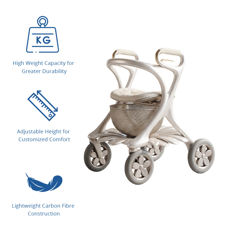 CR3098   New Design Carbon Fiber Rollator Walker for Seniors Ivory White Futuristic Frame With Floral Wheel and Premium Mobility Solution