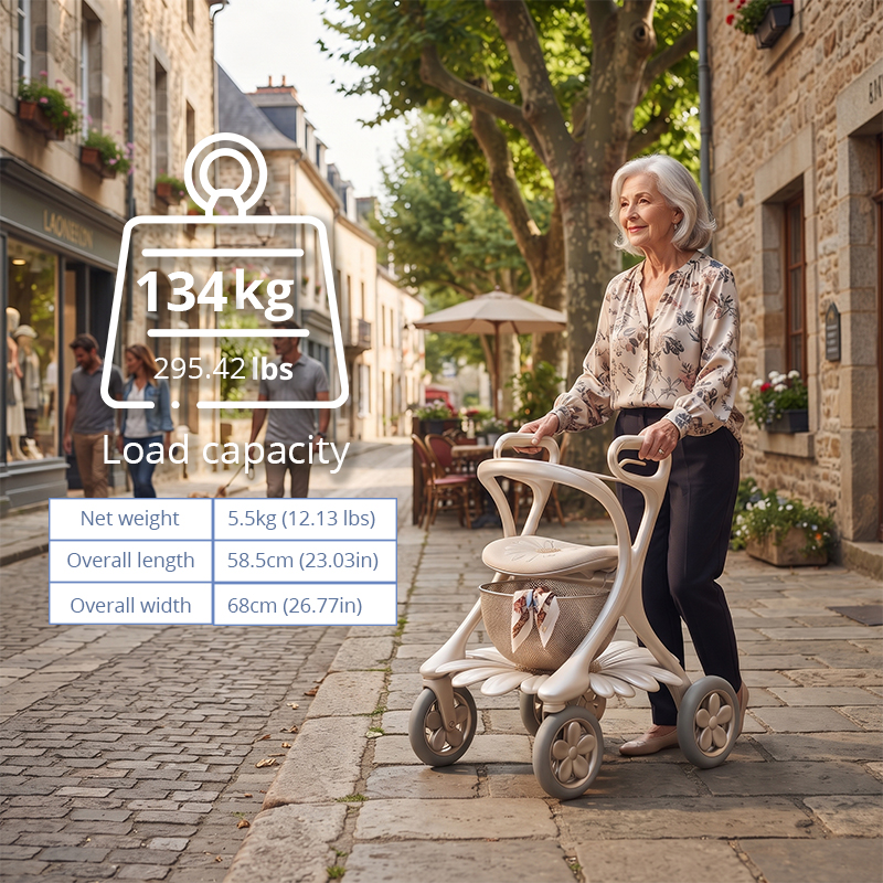 CR3098   New Design Carbon Fiber Rollator Walker for Seniors Ivory White Futuristic Frame With Floral Wheel and Premium Mobility Solution