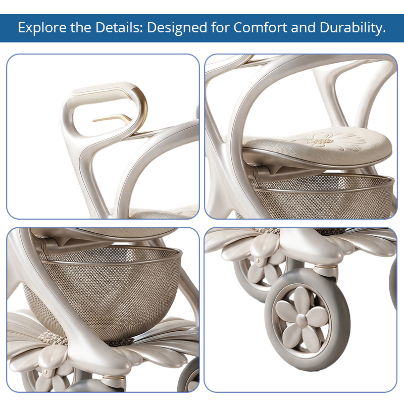 CR3098   New Design Carbon Fiber Rollator Walker for Seniors Ivory White Futuristic Frame With Floral Wheel and Premium Mobility Solution