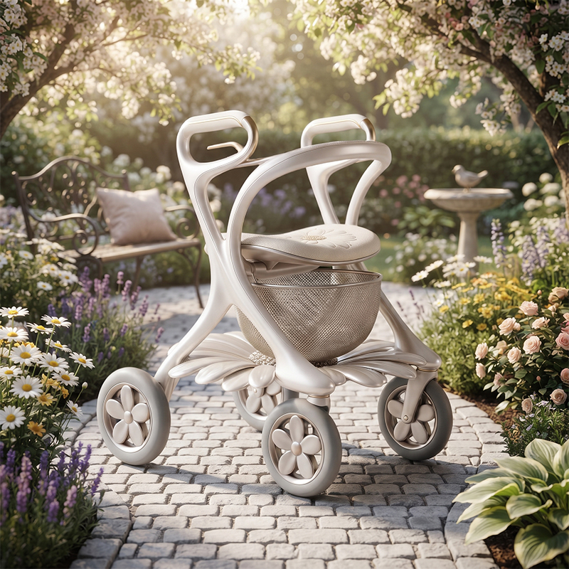 CR3098   New Design Carbon Fiber Rollator Walker for Seniors Ivory White Futuristic Frame With Floral Wheel and Premium Mobility Solution