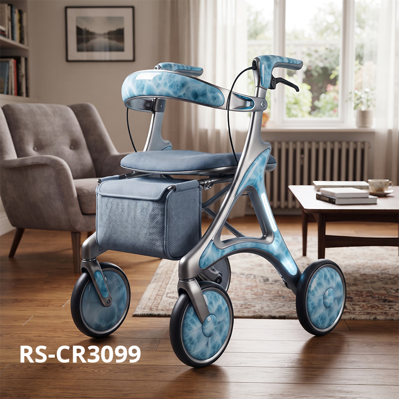 New Design Carbon Fibre Rollator Walker OEM Supplier with Blue Wave Pattern Futuristic Design for Luxury Senior Mobility Care