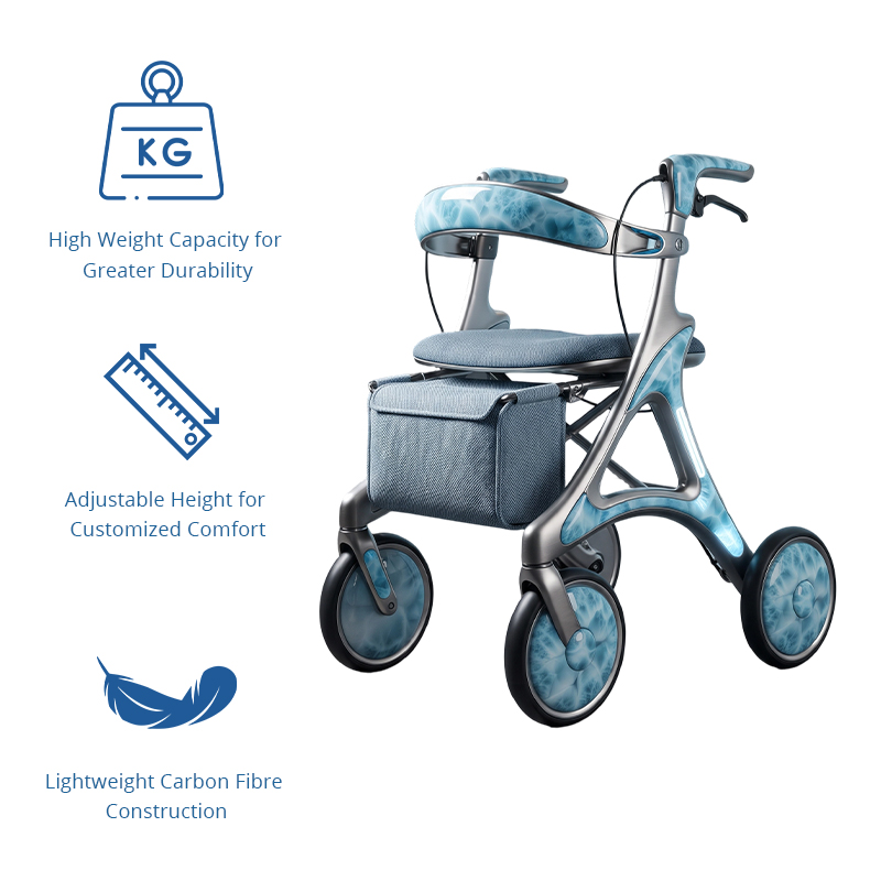 New Design Carbon Fibre Rollator Walker OEM Supplier with Blue Wave Pattern Futuristic Design for Luxury Senior Mobility Care