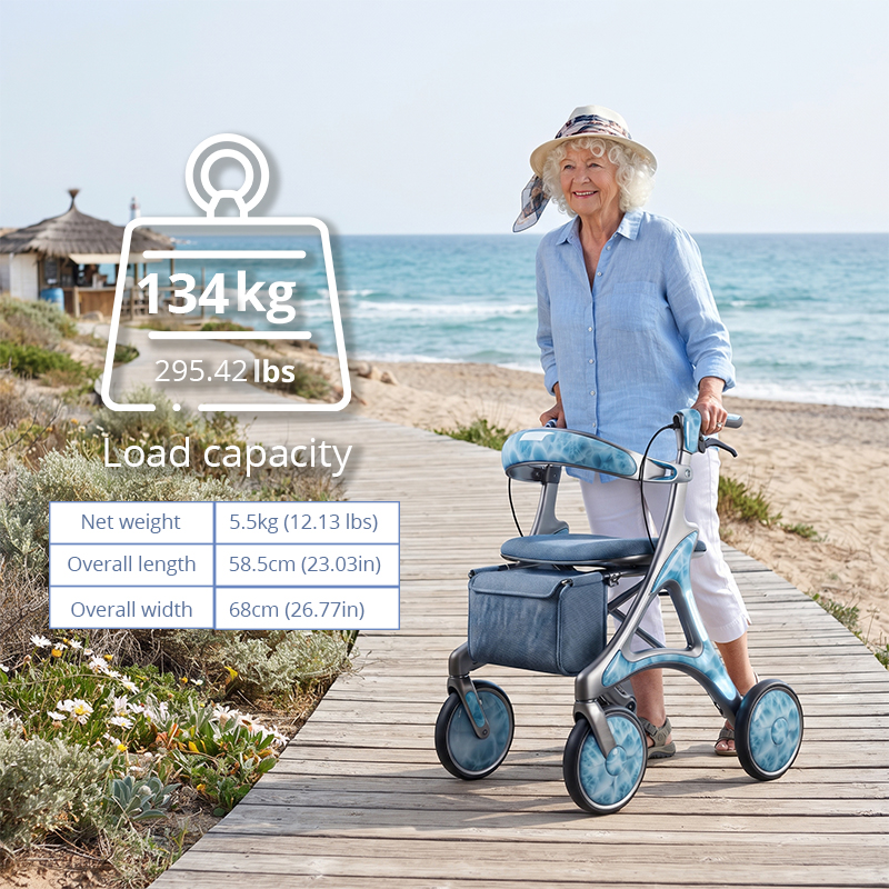 New Design Carbon Fibre Rollator Walker OEM Supplier with Blue Wave Pattern Futuristic Design for Luxury Senior Mobility Care