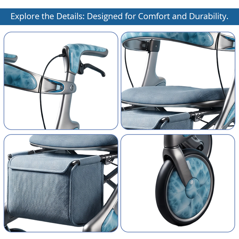 New Design Carbon Fibre Rollator Walker OEM Supplier with Blue Wave Pattern Futuristic Design for Luxury Senior Mobility Care