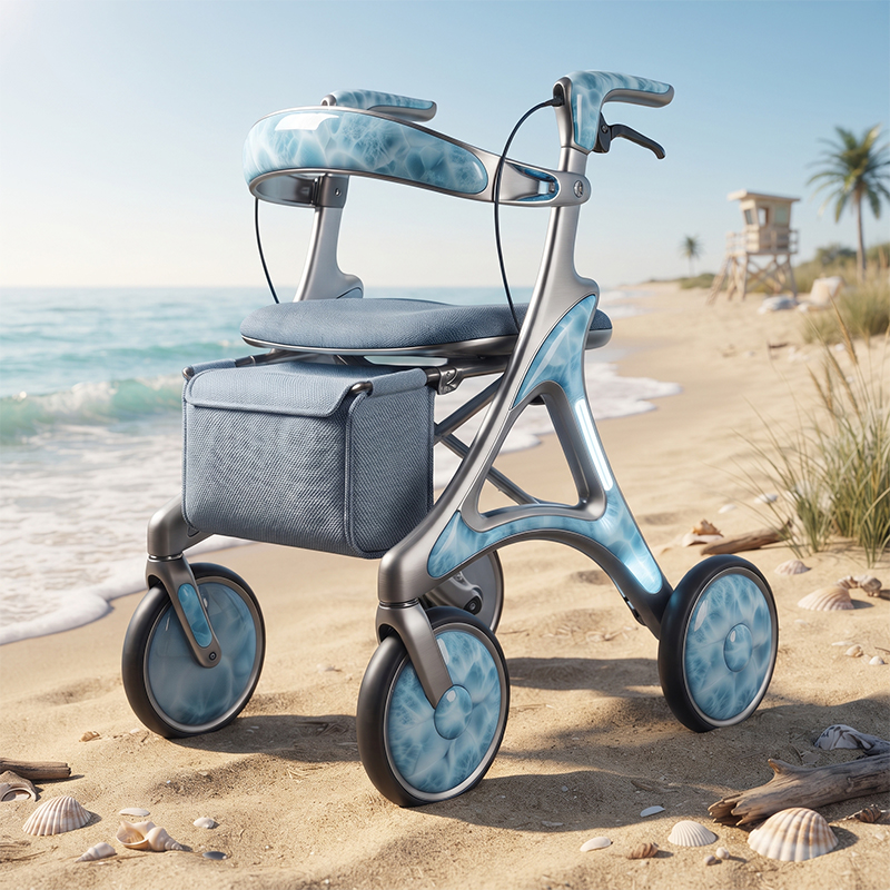 New Design Carbon Fibre Rollator Walker OEM Supplier with Blue Wave Pattern Futuristic Design for Luxury Senior Mobility Care