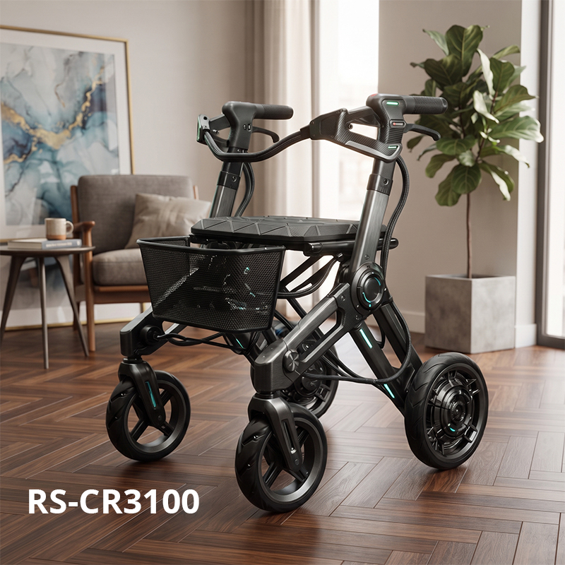 CR3100  New Design Carbon Fiber Rollator Walker Black Grey Futuristic Frame Cyan Detail 8 Inch Wheels Foldable Mobility Aid