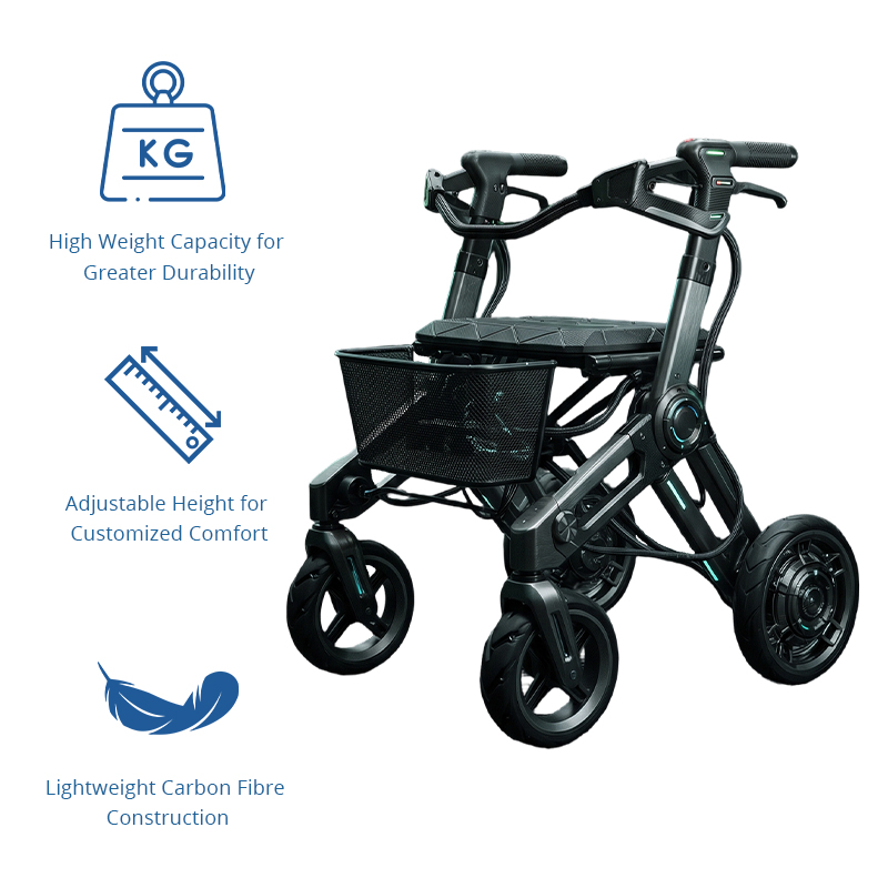 CR3100  New Design Carbon Fiber Rollator Walker Black Grey Futuristic Frame Cyan Detail 8 Inch Wheels Foldable Mobility Aid