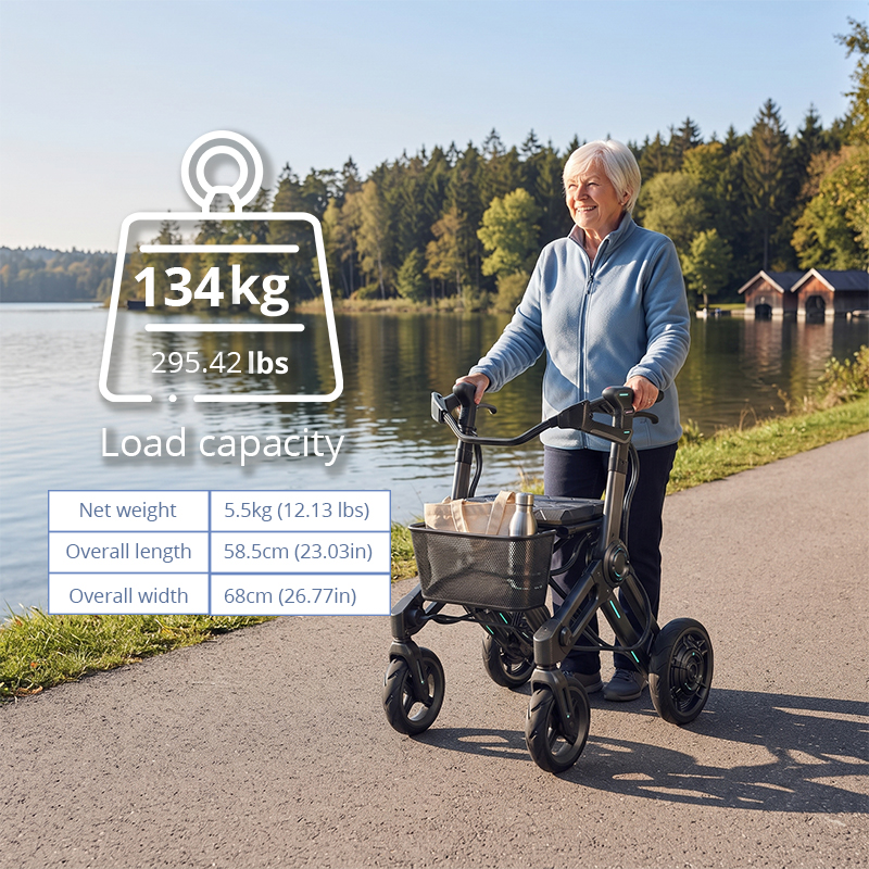 CR3100  New Design Carbon Fiber Rollator Walker Black Grey Futuristic Frame Cyan Detail 8 Inch Wheels Foldable Mobility Aid