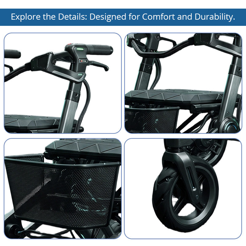 CR3100  New Design Carbon Fiber Rollator Walker Black Grey Futuristic Frame Cyan Detail 8 Inch Wheels Foldable Mobility Aid